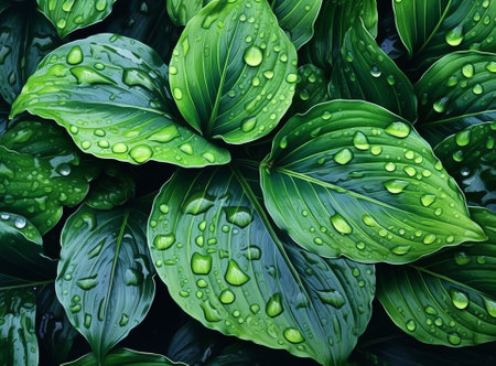 close up of a green leaf with water droplets on it. Fresh, juicy, beautiful tree leaf closeup. Summer, spring background., by ai generativeの素材