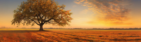 Beautiful tree in the middle of field covered with grass at sunset, nice background image, ultra wide format, by ai generativeの素材