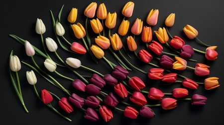 beautiful tulips on black background. Flat lay top view, mothers day with love.  top view, by ai generativeの素材