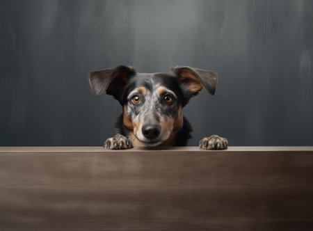 dog looking over the table and  Sits at the table like  human being, lots of free space for mounting products, by ai generativeの素材