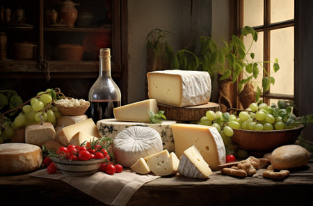 various types of cheese on rustic wooden table. Food composition with dark light, by ai generativeの素材