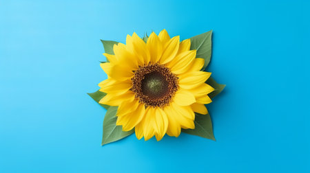Creative layout made with sunflowers on bright blue background, top view, by ai generativeの素材