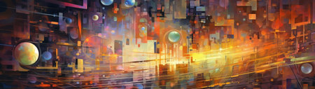 Futuristic background with bright and colorful objects. modern futuristic sci fi wallpaper, ultrawide format, by ai generativeの素材