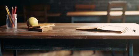 Empty wood table top counter and blur bokeh, blurred school interior background in clean and bright concept, ready for product montage, by ai generativeの素材