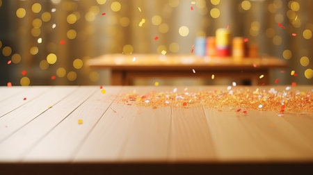 Empty wood table top children birthday party, background blurred,  concept ready for product montage, by ai generativeの素材