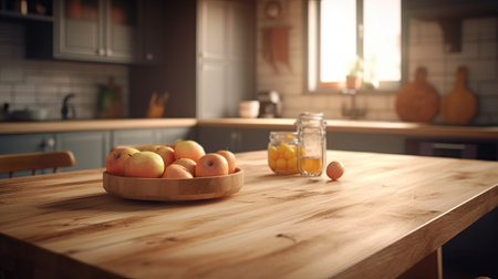Empty wood table top counter and blur bokeh, blurred modern kitchen interior background in clean and bright concept, ready for product montage, by ai generativeの素材