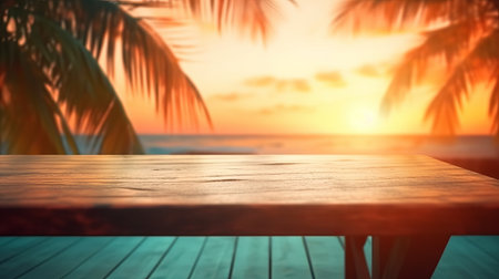 Empty wood table top, blurred tropical sunset background in clean and bright concept, ready for product montage, by ai generativeの素材