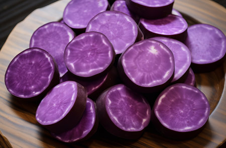 Purple sweet potato sliced abstract texture background. Fresh violet vegetable natural color palette of healthy antioxidant root harvest. Autumn vitamin nutrition, by ai generativeの素材