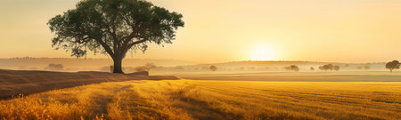 Beautiful tree in the middle of field covered with grass at sunset, nice background image, ultra wide format, by ai generativeの素材