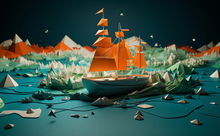 paper ship is floating on the mountains in the background,  polygonal art seascape and mountains, by ai generativeの素材