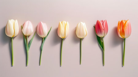 beautiful tulips on blue background. Flat lay top view, mothers day with love.  top view, by ai generativeの素材