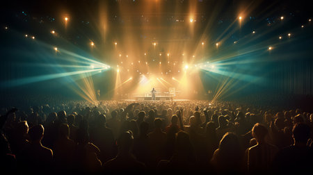 contest for the most talented on stage. crowd at  concert with bright light, by ai generativeの素材