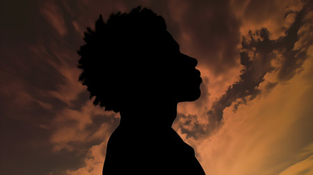 flight of thought silhouette of a man from the back  against the sky, by ai generativeの素材