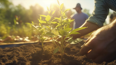 hands plant plants, local food production. trees in the ground close up. Concept of Save World, Earth day and Community Engagement, ultra wide format, by ai generativeの素材