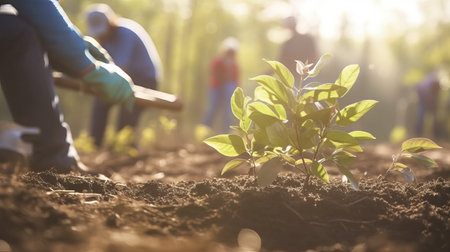 hands plant plants, local food production. trees in the ground close up. Concept of Save World, Earth day and Community Engagement, ultra wide format, by ai generativeの素材