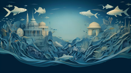 Paper cut background ocean world in blue and green in color, by ai generativeの素材