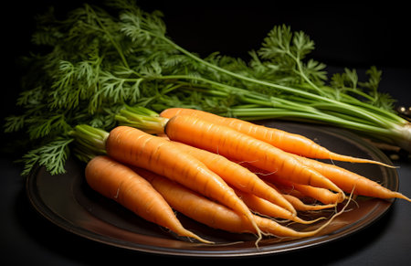 Colorful carrot with their green leaves in a box on wooden background, top view, by ai generativeの素材