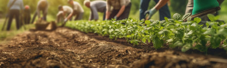 hands plant plants, local food production. trees in the ground close up. Concept of Save World, Earth day and Community Engagement, ultra wide format, by ai generativeの素材