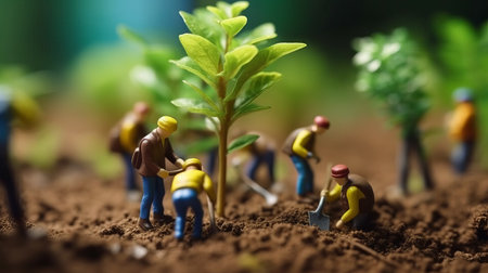toy group of people planting trees working in garden. local food production, concept of Sustainability and Community Engagement, ultra wide format, by ai generativeの素材