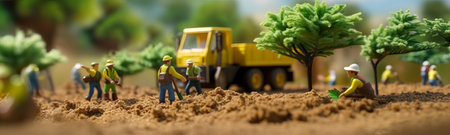 toy group of people planting trees working in garden. local food production, concept of Sustainability and Community Engagement, ultra wide format, by ai generativeの素材