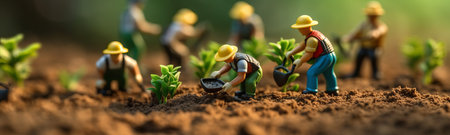 toy group of people planting trees working in garden. local food production, concept of Sustainability and Community Engagement, ultra wide format, by ai generativeの素材