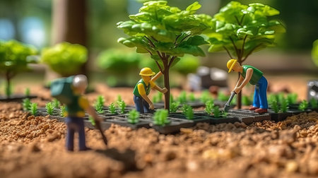 toy group of people planting trees working in garden. local food production, concept of Sustainability and Community Engagement, ultra wide format, by ai generativeの素材