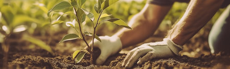 hands plant plants, local food production. trees in the ground close up. Concept of Save World, Earth day and Community Engagement, ultra wide format, by ai generativeの素材