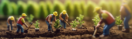 toy group of people planting trees working in garden. local food production, concept of Sustainability and Community Engagement, ultra wide format, by ai generativeの素材