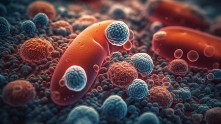 Macro shot of microbes cells and bacteria, 3d microscopic virus close up, abstract background or fantasy wallpaper, by ai generativeの素材
