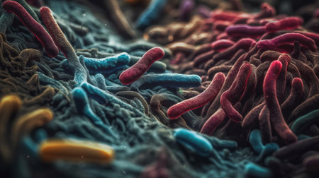 Macro shot of microbes cells and bacteria, 3d microscopic virus close up, abstract background or fantasy wallpaper, by ai generativeの素材