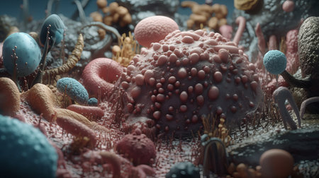 Macro shot of microbes cells and bacteria, 3d microscopic virus close up, abstract background or fantasy wallpaper, by ai generativeの素材