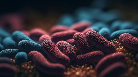 Macro shot of microbes cells and bacteria, 3d microscopic virus close up, abstract background or fantasy wallpaper, by ai generativeの素材
