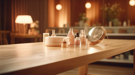 Empty wood table top with blurred spa interior background, clean and bright concept, ready for product montage, by ai generativeの素材