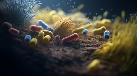 Macro shot of microbes cells and bacteria, 3d microscopic virus close up, abstract background or fantasy wallpaper, by ai generativeの素材