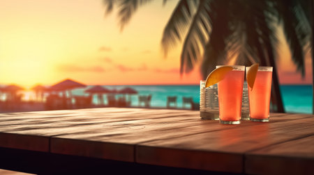 Empty wood table top, blurred tropical sunset background in clean and bright concept, ready for product montage, by ai generativeの素材