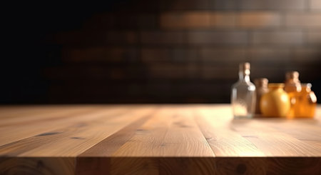 Empty wood table top, blurred modern  interior with bottle background in clean and bright concept, ready for product montage, by ai generativeの素材