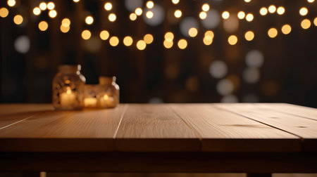Empty wood table top with party background blurred, clean and bright concept, ready for product montage, by ai generativeの素材