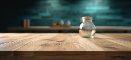 Empty wood table top, blurred modern  interior with bottle background in clean and bright concept, ready for product montage, by ai generativeの素材