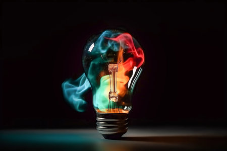 Light bulb lamp explodes with colorful ink paint and splashes. Think differently and out of the box idea., by ai generativeの素材