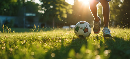 player playing soccer with ball, close up of foot and ball on green grass, by ai generativeの素材