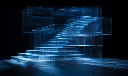 digital stair is made of blue electronic light and has flag, digital stairs and flag going up on blue background, by ai generativeの素材
