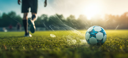 player playing soccer with ball, close up of foot and ball on green grass, by ai generativeの素材