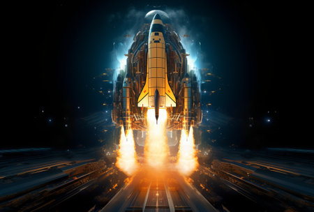 rocket is fired up to launch a launch pad. acroecosmosphere spacecraft launch, by ai generativeの素材