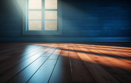 empty room interior with sunlight coming through the window and shadow lighting with spotlight, showroom studio with wooden floor and blue wall, minimal concept, by ai generativeの素材