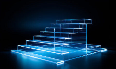 digital stair is made of blue electronic light and has flag, digital stairs and flag going up on blue background, by ai generativeの素材