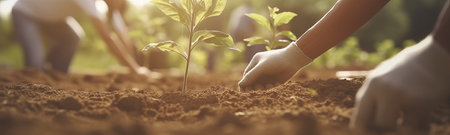 hands plant plants, local food production. trees in the ground close up. Concept of Save World, Earth day and Community Engagement, ultra wide format, by ai generativeの素材