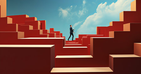 businessman is running up a staircase to reach success, business concept of overcoming obstacles, man running towards flag and key, by ai generativeの素材