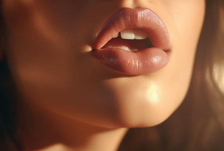 beautiful woman with long hair showing her mouth, woman makes a tongue pop out of her mouth, by ai generativeの素材