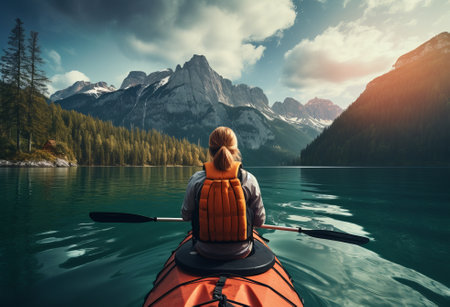 Rear view of woman in canoe. Active, adventure, outdoors, canoeing, kayaking, by ai generativeの素材