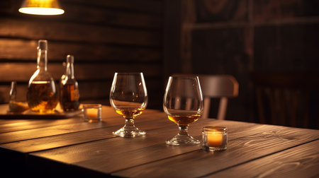Empty wood table top with whiskey, blur bokeh background, blurred bar interior with glass of brandy, ready for product montage, by ai generativeの素材